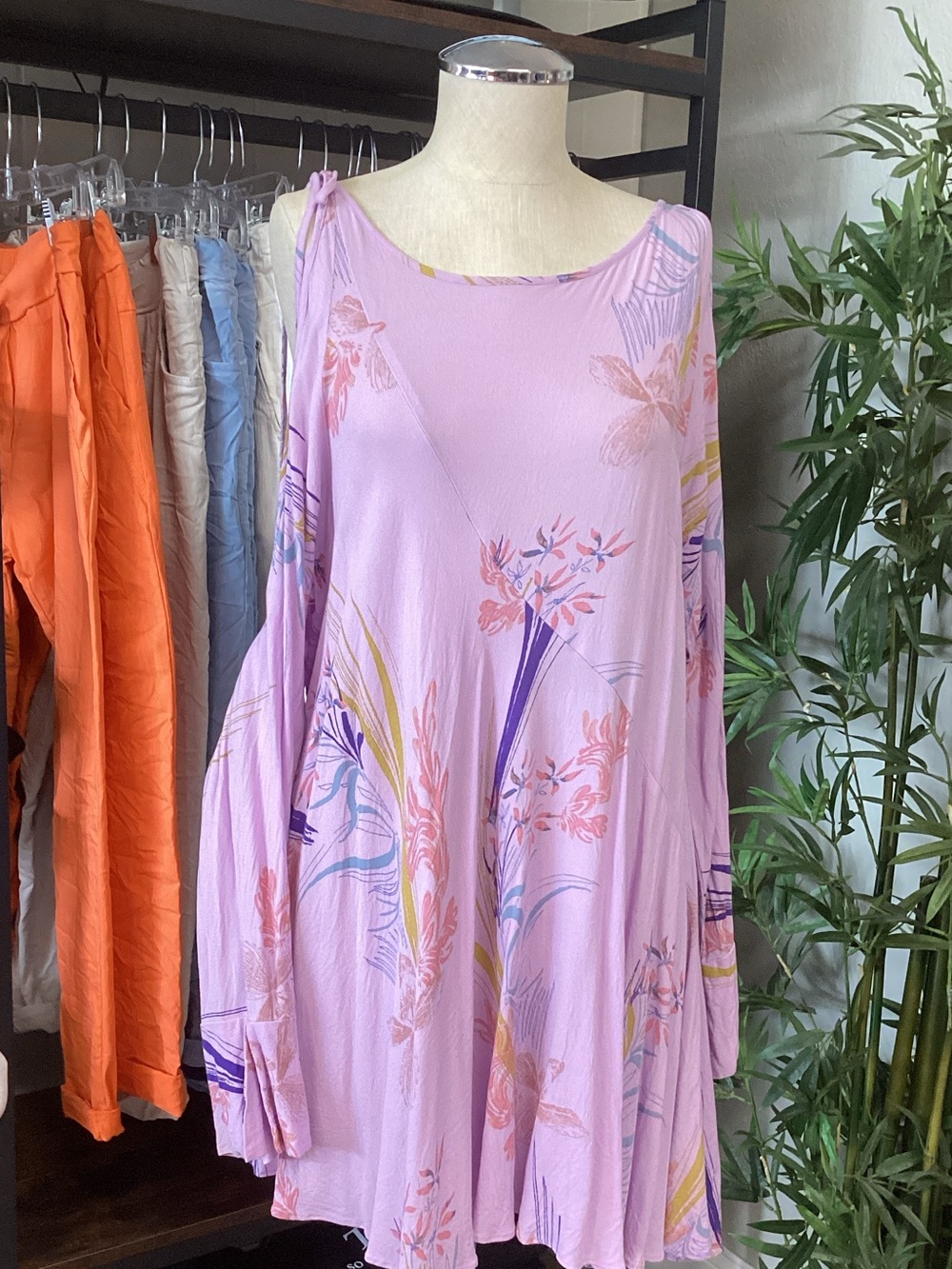 Free People Lavender Floral Tie-Shoulder Long Sleeve Dress